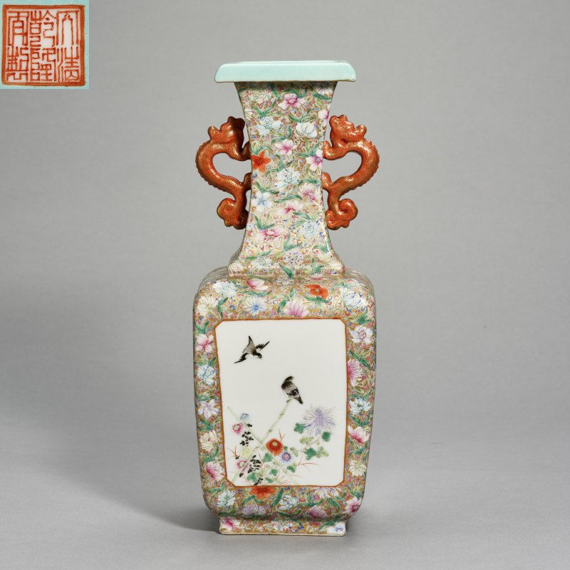 民国 粉彩百花不落地四时瑞禽双耳折沿瓶