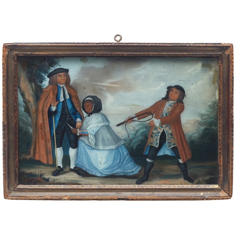 約一八零零年 玻璃鏡畫 | A RARE REVERSE GLASS 'SHE STOOPS TO CONQUER' PAINTING - 图1