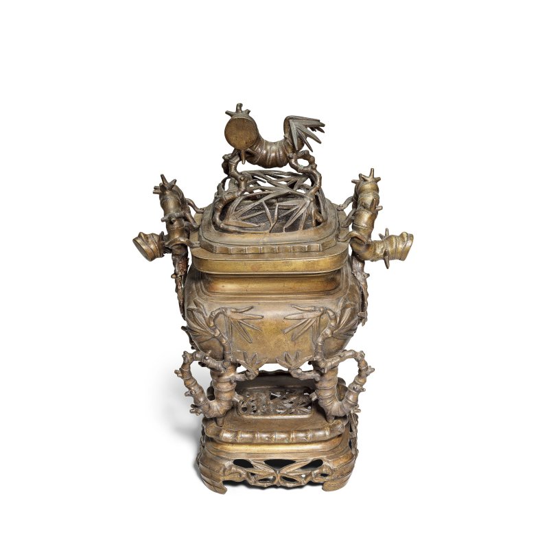 清晚期 銅竹紋蓋爐及座 | A BRONZE 'BAMBOO' INCENSE BURNER, COVER AND STAND - 图4
