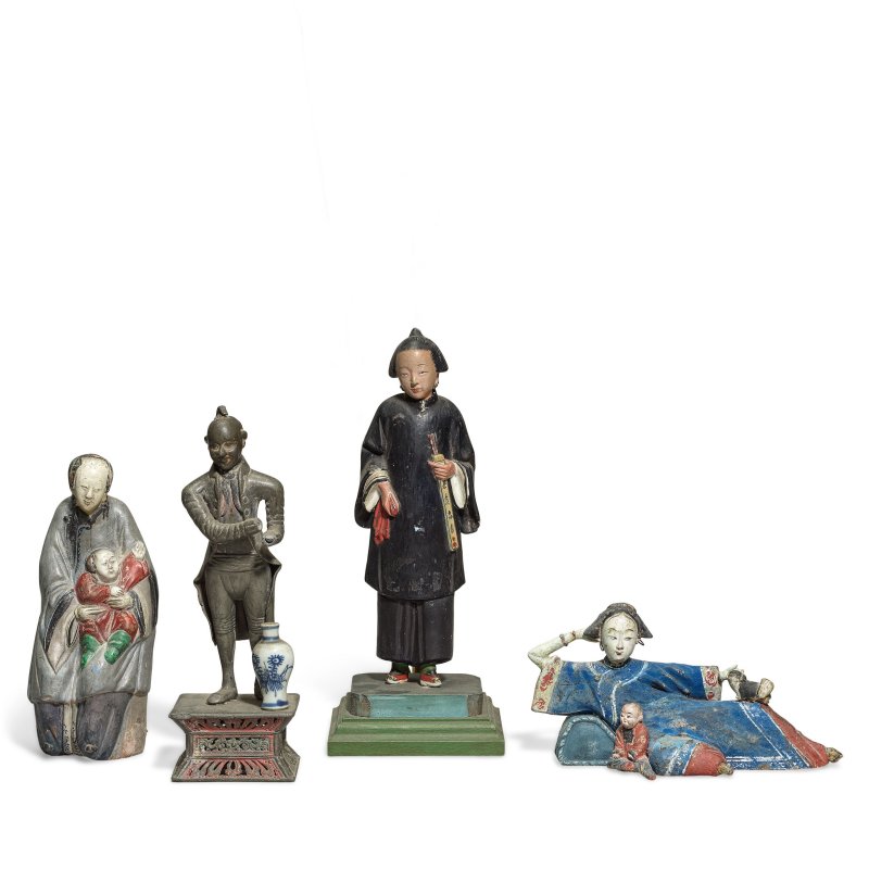 十八世紀 錫西洋人像及漆彩泥塑像三件 | A PEWTER EUROPEAN FIGURE AND THREE PAINTED PLASTER FIGURES - 图1