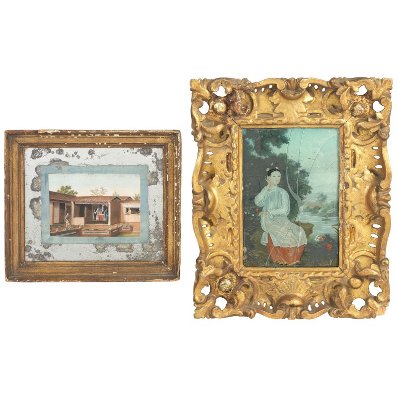 十八/十九世紀 玻璃鏡畫仕女圖及通草畫製茶圖 | A REVERSE GLASS PAINTING AND A 'TEA PRODUCTION' PAINTING - 图1
