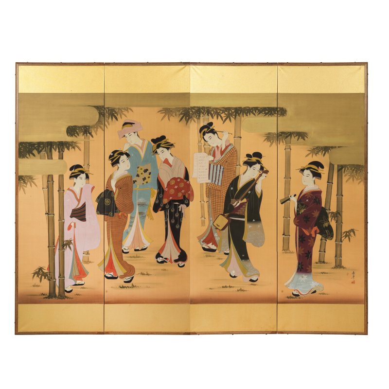 阿部春峰 昭和時代 四扇屏風 設色絹本 | ABE SHUNPO (1877–1956)