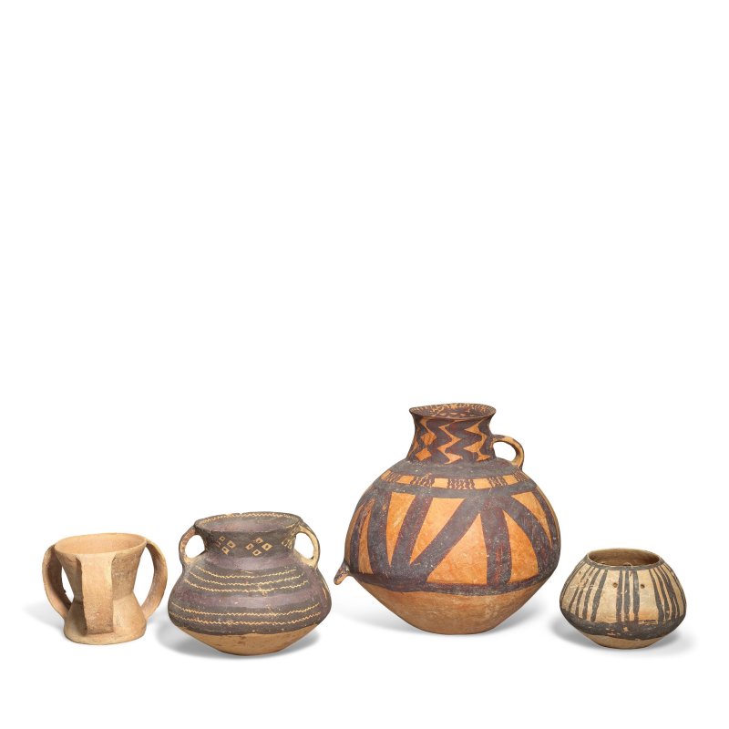 新石器時代 馬家窯文化及齊家文化 紅陶器四件 | FOUR RED POTTERY VESSELS INCLUDING A RARE THREE HANDLED QIJIA CUP