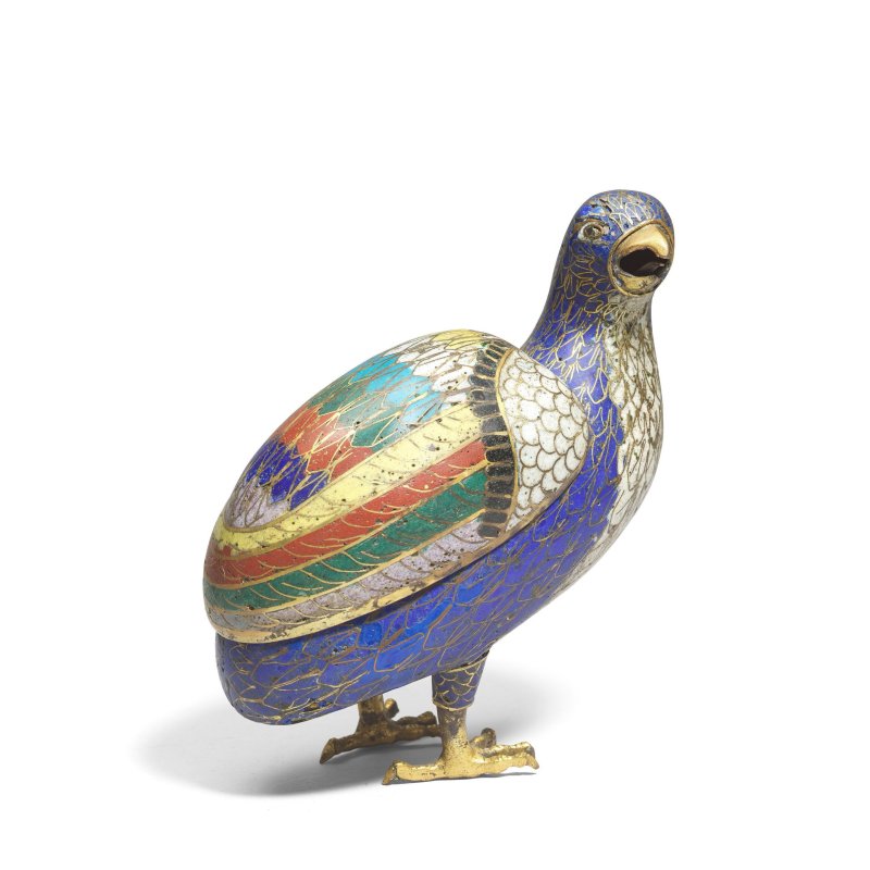 清中期 銅胎掐絲琺琅鵪鶉香爐四件 | A NEAR PAIR AND TWO CLOISONNÉ ENAMEL 'QUAIL' INCENSE BURNERS AND COVERS - 图7