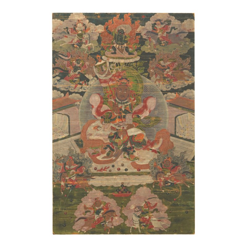 十八/十九世紀 北方多聞天王像唐卡 | A THANGKA OF VAISHRAVANA RIDING A LION - 图1