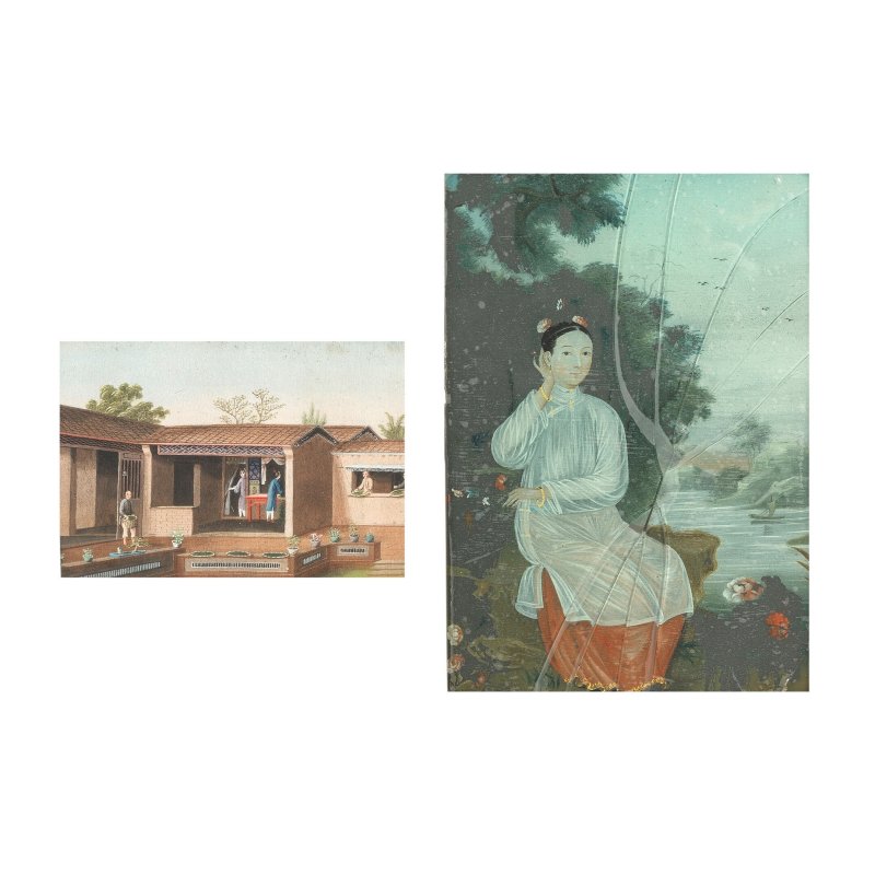 十八/十九世紀 玻璃鏡畫仕女圖及通草畫製茶圖 | A REVERSE GLASS PAINTING AND A 'TEA PRODUCTION' PAINTING - 图3