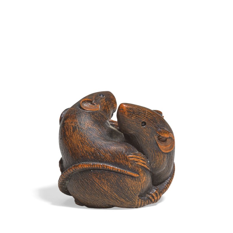 春氏 明治時代 黃楊木根付鼠兩件 | A BOXWOOD NETSUKE OF TWO RATS