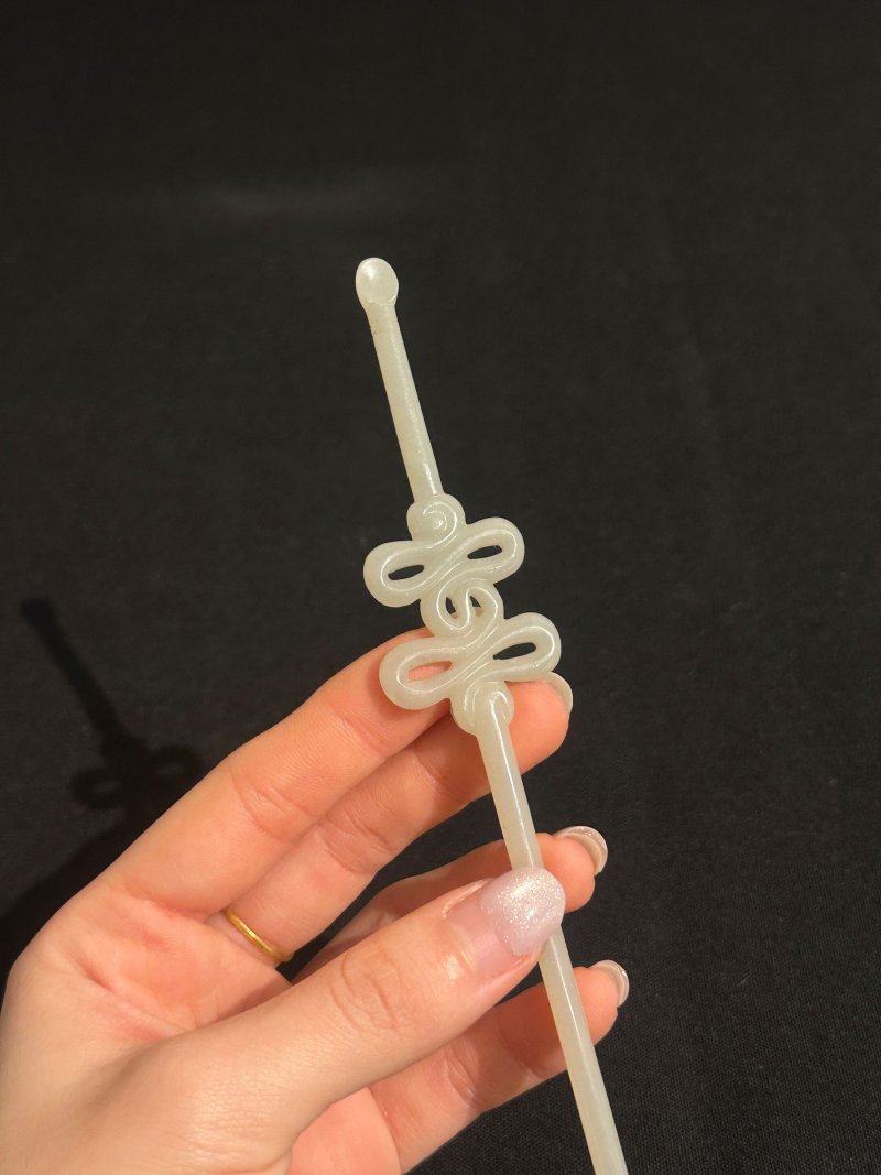 清十九世紀 青白玉耳挖簪、花頭簪二枚 | TWO GREENISH WHITE JADE HAIR PINS - 图6