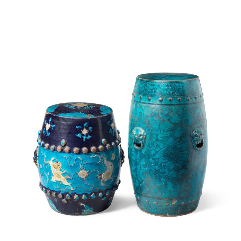 明 磁州窯孔雀藍釉花卉紋鼓凳及琺華鼓凳 | A PAINTED AND TURQUOISE-GLAZED 'CIZHOU' GARDEN SEAT AND A FAHUA GARDEN SEAT