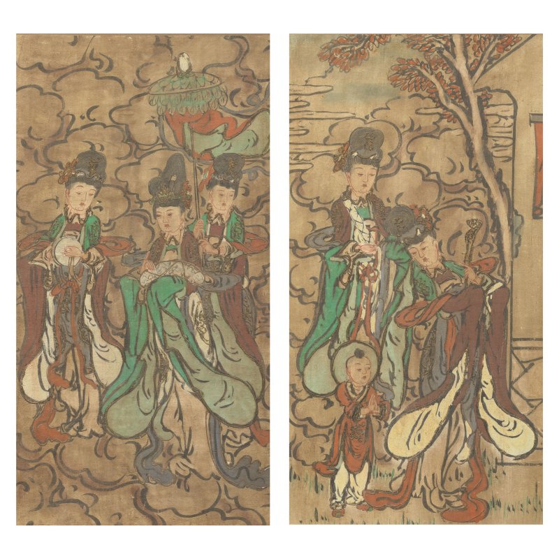 明或更晚 彩繪仙人壁畫屏兩件 | TWO PAINTED FRESCO PANELS DEPICTING FEMALE DEITIES