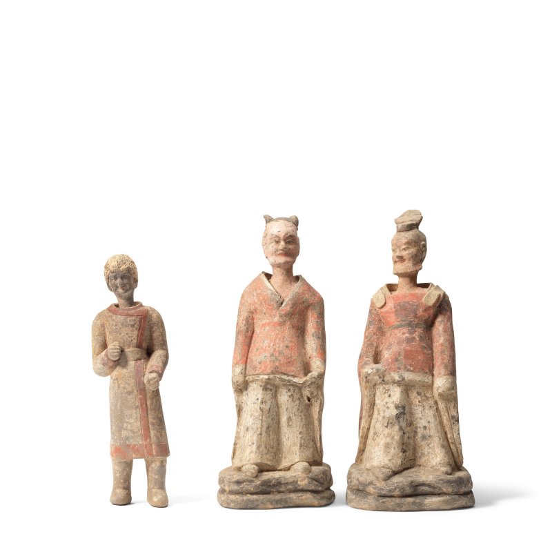 北魏 陶文官俑兩件及陶胡人俑一件 | TWO PAINTED POTTERY FIGURES OF OFFICIALS AND A FIGURE OF A FOREIGN GROOM