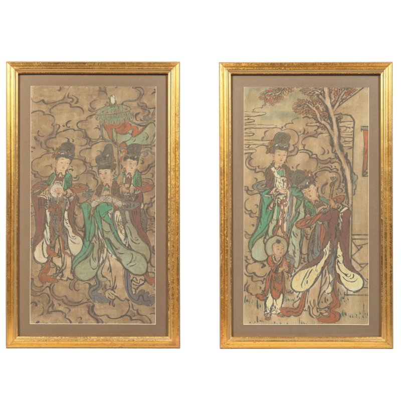 明或更晚 彩繪仙人壁畫屏兩件 | TWO PAINTED FRESCO PANELS DEPICTING FEMALE DEITIES - 图2