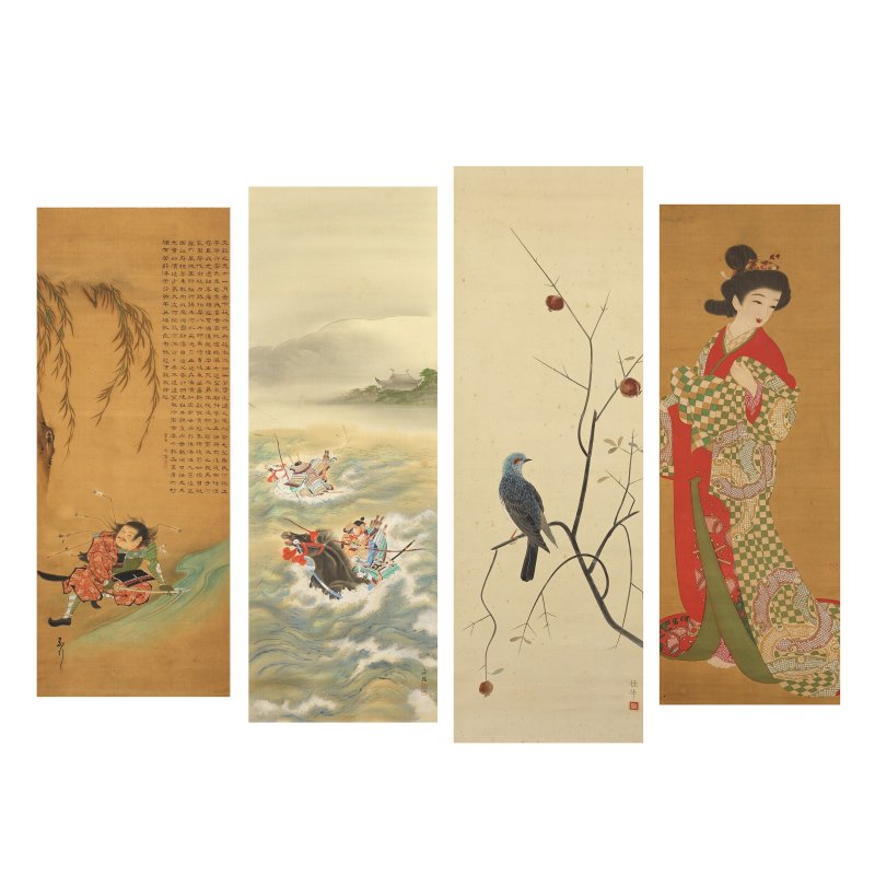 小谷津任牛 伊藤雨村 尾形月耕派 村越其栄（傳） 立軸四幅 水墨絹本 | KOYATSU NINGYU; ITO USON; PUPIL OF OGATA GEKKO; ATTRIBUTED TO MURAKOSHI KIEI