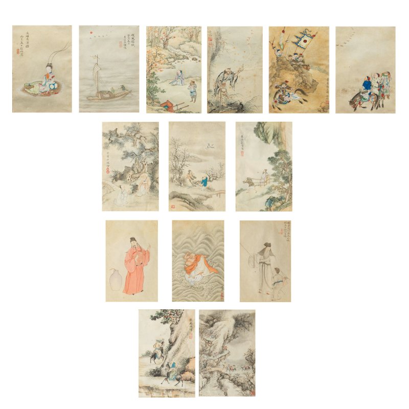 張炳 莊燦 范德鎔 宋光照 嚴煜 人物圖十四幅 設色紙本 鏡框 | ZHANG BING (1709-1761); ZHUANG CAN; FAN DEMING; SONG GUANGZHAO; YAN YU (ACTIVE C.1736-1795) - 图1