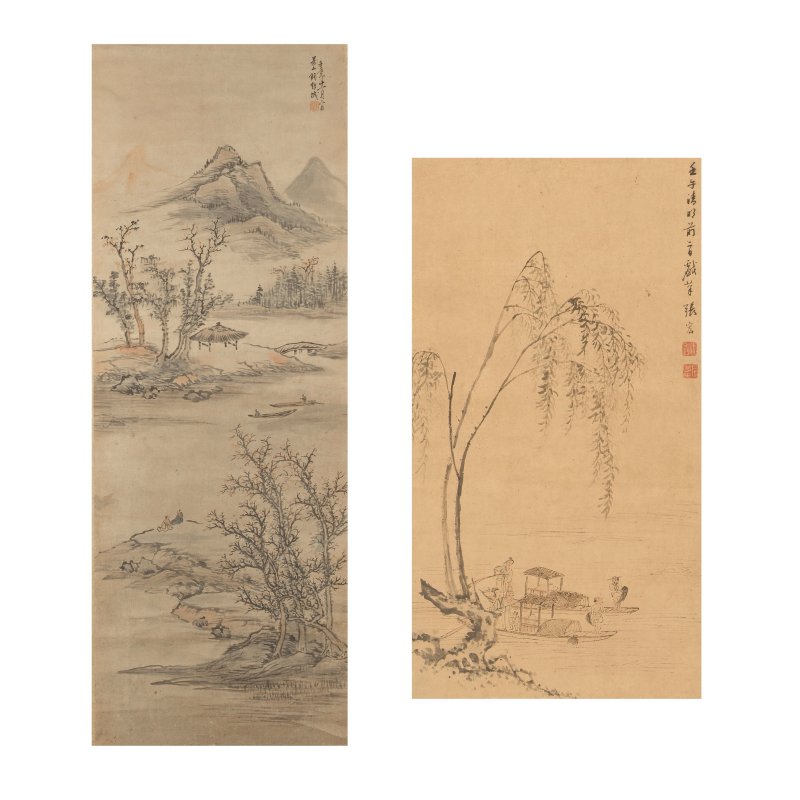 張宏 漁人行舟圖 水墨紙本 立軸 一六四二年 | AFTER ZHANG HONG (1577-AFTER 1652); AFTER QIAN WEICHENG (1720-1772)