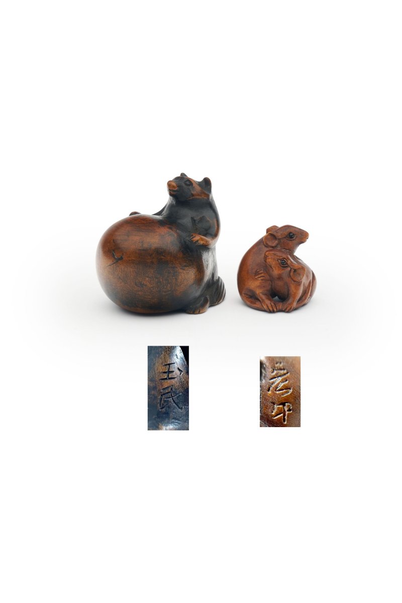 Signed Gyokumin [玉民] and Hironaka [宏中], 19th/20th century TWO BOXWOOD NETSUKE OF A TANUKI AND TWO RATS - 图1