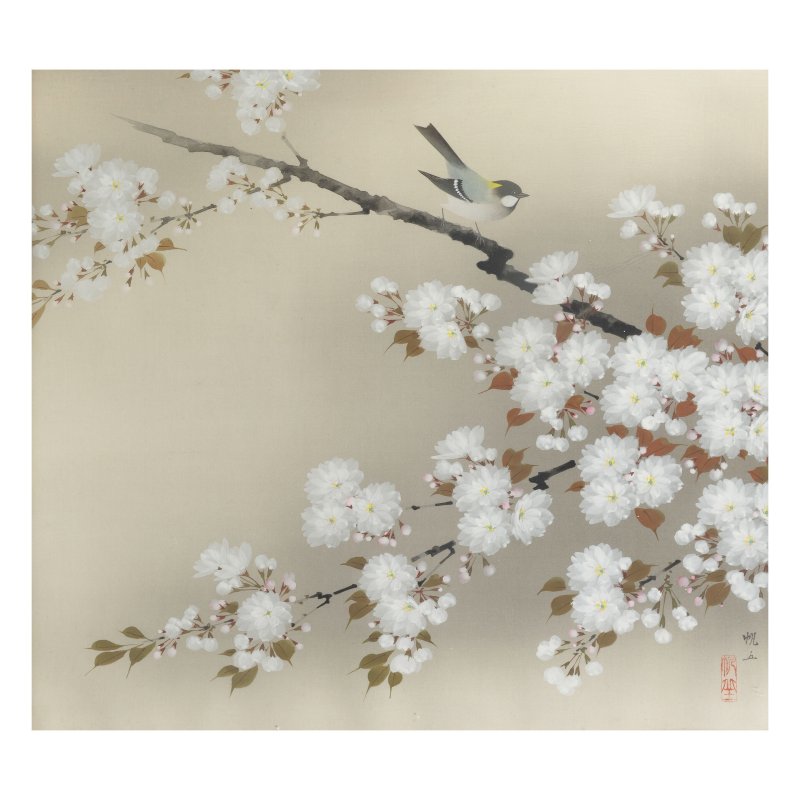 山田帆丘 花鳥 設色絹本 鏡框 | YAMADA HANKYU (1908-1989)