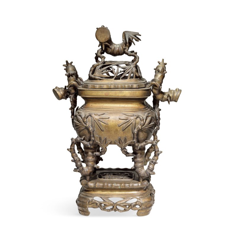 清晚期 銅竹紋蓋爐及座 | A BRONZE 'BAMBOO' INCENSE BURNER, COVER AND STAND
