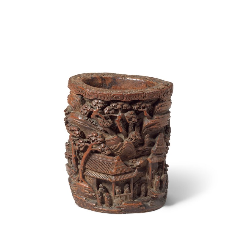 十九世紀 竹雕山景圖筆筒 | A CARVED BAMBOO 'MOUNTAINOUS LANDSCAPE' BRUSH POT, BITONG