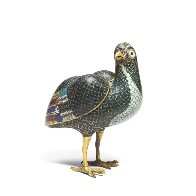 清中期 銅胎掐絲琺琅鵪鶉香爐四件 | A NEAR PAIR AND TWO CLOISONNÉ ENAMEL 'QUAIL' INCENSE BURNERS AND COVERS - 图3