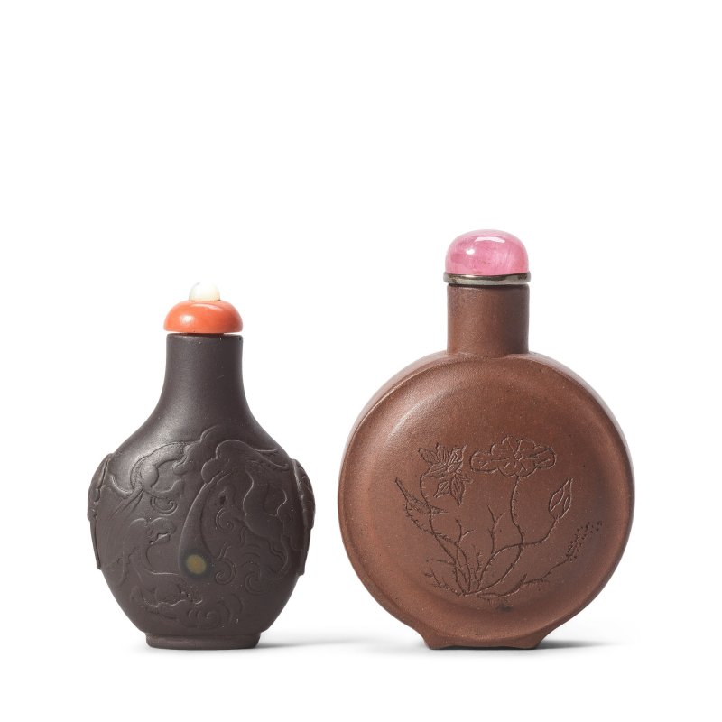 清 端石鼻烟壺及宜興段泥鼻烟壺 | A DUANSTONE SNUFF BOTTLE AND A YIXING STONEWARE SNUFF BOTTLE