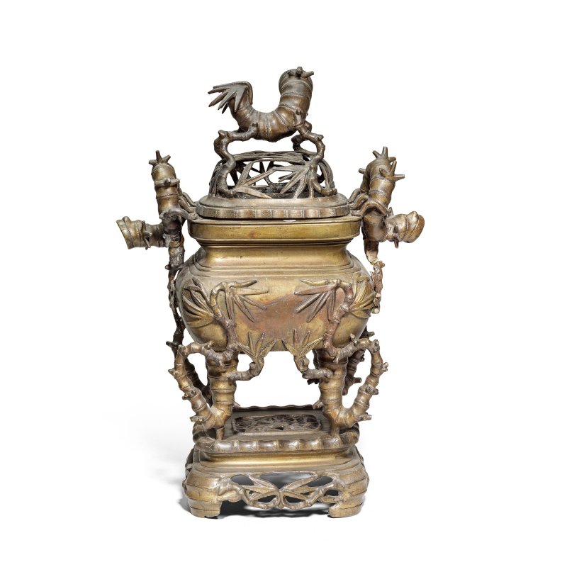 清晚期 銅竹紋蓋爐及座 | A BRONZE 'BAMBOO' INCENSE BURNER, COVER AND STAND - 图3