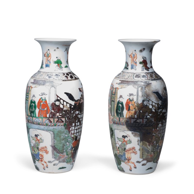 十九世紀 五彩月下跑馬圖瓶一對 | A PAIR OF FAMILLE VERTE 'JIA SIDAO' VASES - 图2