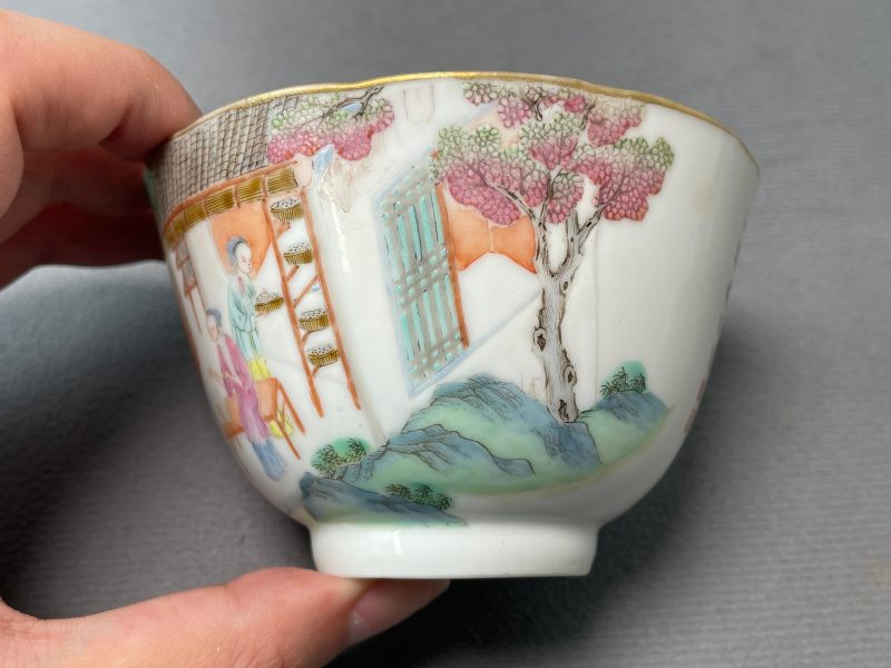 清道光 粉彩耕织图茶碗 - 图4