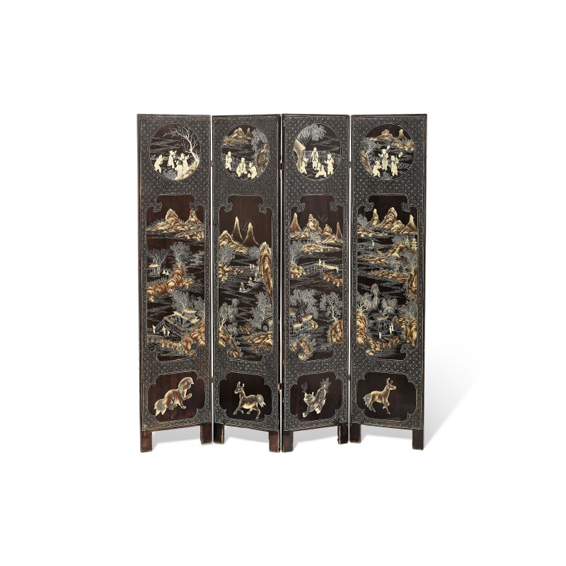 清十八/十九世紀 黑漆描金山水人物圖四扇屏風  QING DYNASTY, 18TH-19TH CENTURY