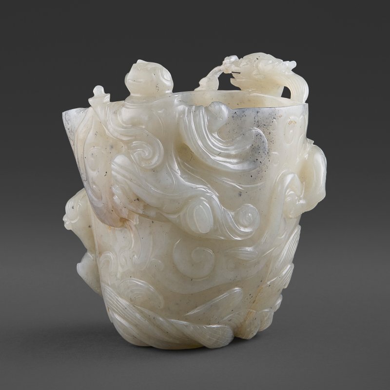 A CELADON JADE 'BOY AND CHILONG ' LIBATION CUP  CHINA, SONG-YUAN DYNASTY (960-1368) - 图1