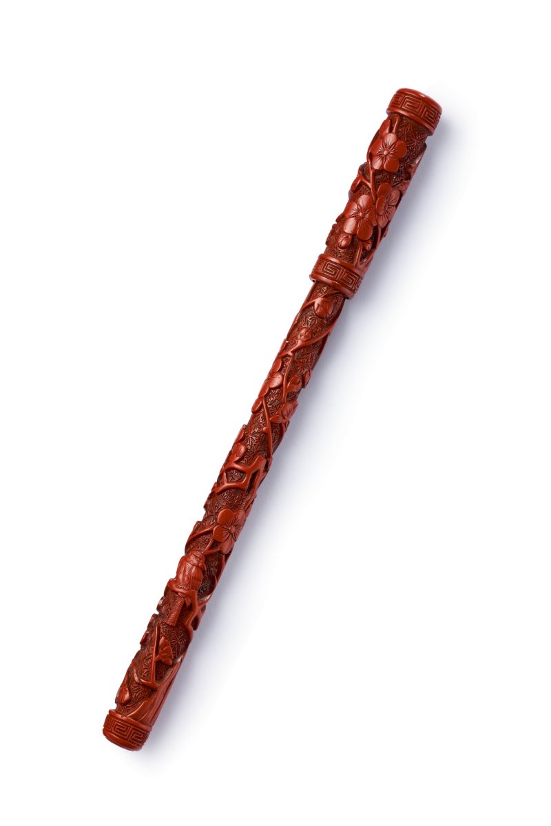 A carved cinnabar lacquer ‘magpie and prunus’ brush and cover, Ming dynasty, 16th – 17th century | 明十六至十七世紀　剔紅喜上眉梢筆管及筆帽 - 图1