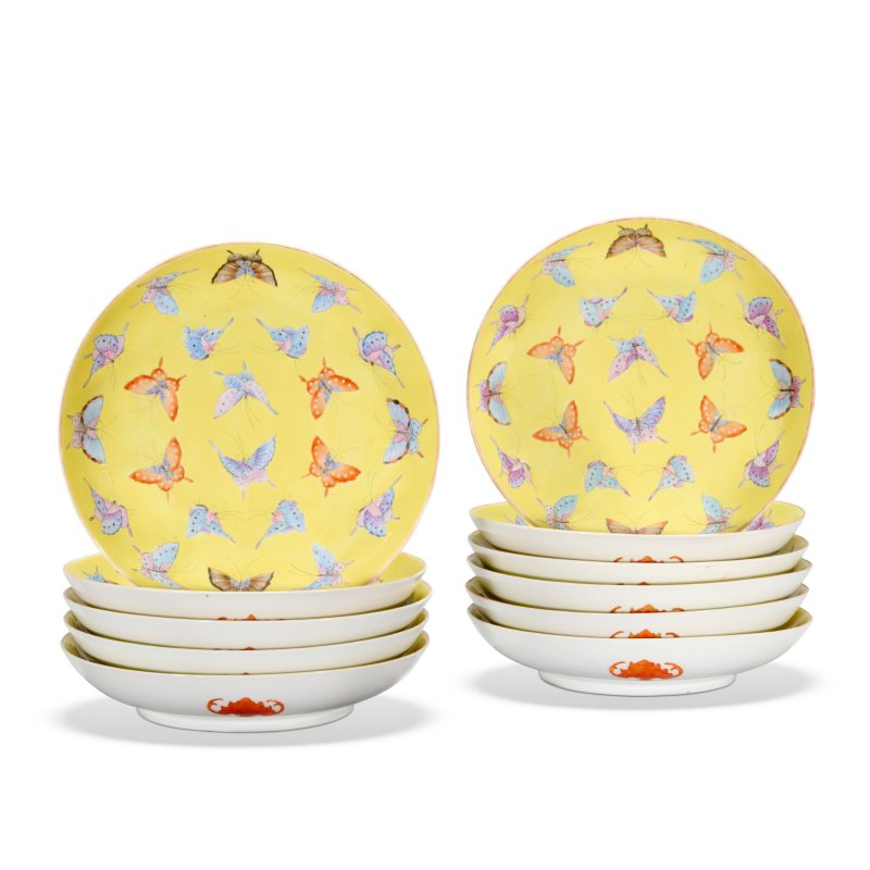 A GROUP OF ELEVEN YELLOW-GROUND FAMILLE ROSE 'BUTTERFLY' DISHES  CHINA, REPUBLIC PERIOD (1912-1949)