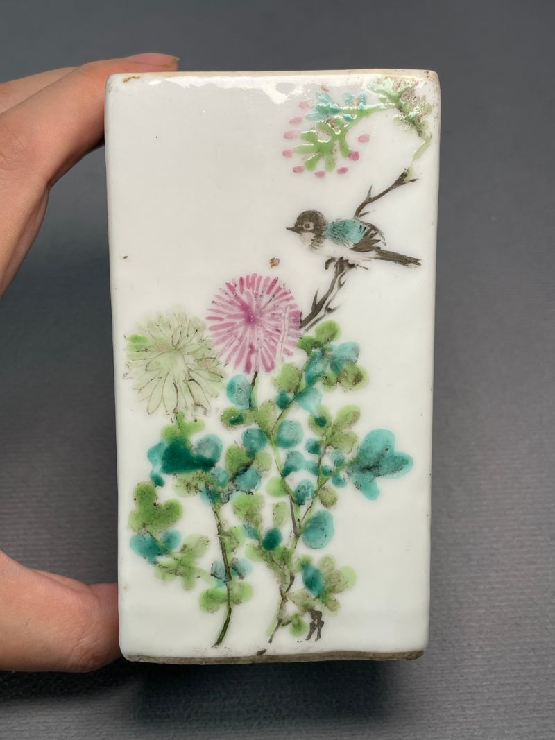 清光绪 浅降彩花鸟诗文四方笔筒 - 图3