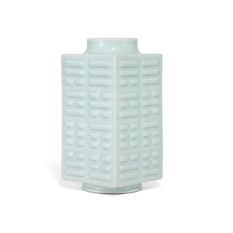 A CELADON-GLAZED CONG -FORM VASE  CHINA, QING DYNASTY, GUANGXU SIX-CHARACTER MARK IN UNDERGLAZE BLUE AND OF THE PERIOD (1875-1908)
