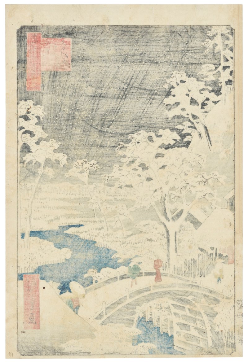UTAGAWA HIROSHIGE (1797-1858)  Meguro taikobashi yuhinooka (Meguro drum bridge And sunset hill) - 图2
