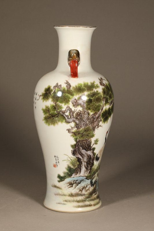 邓肖禹绘粉彩诗文松鹤双耳瓶 - 图4