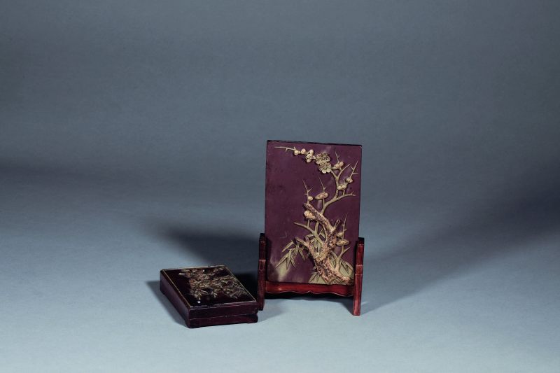 清 祁阳石刻花卉砚屏、砚台