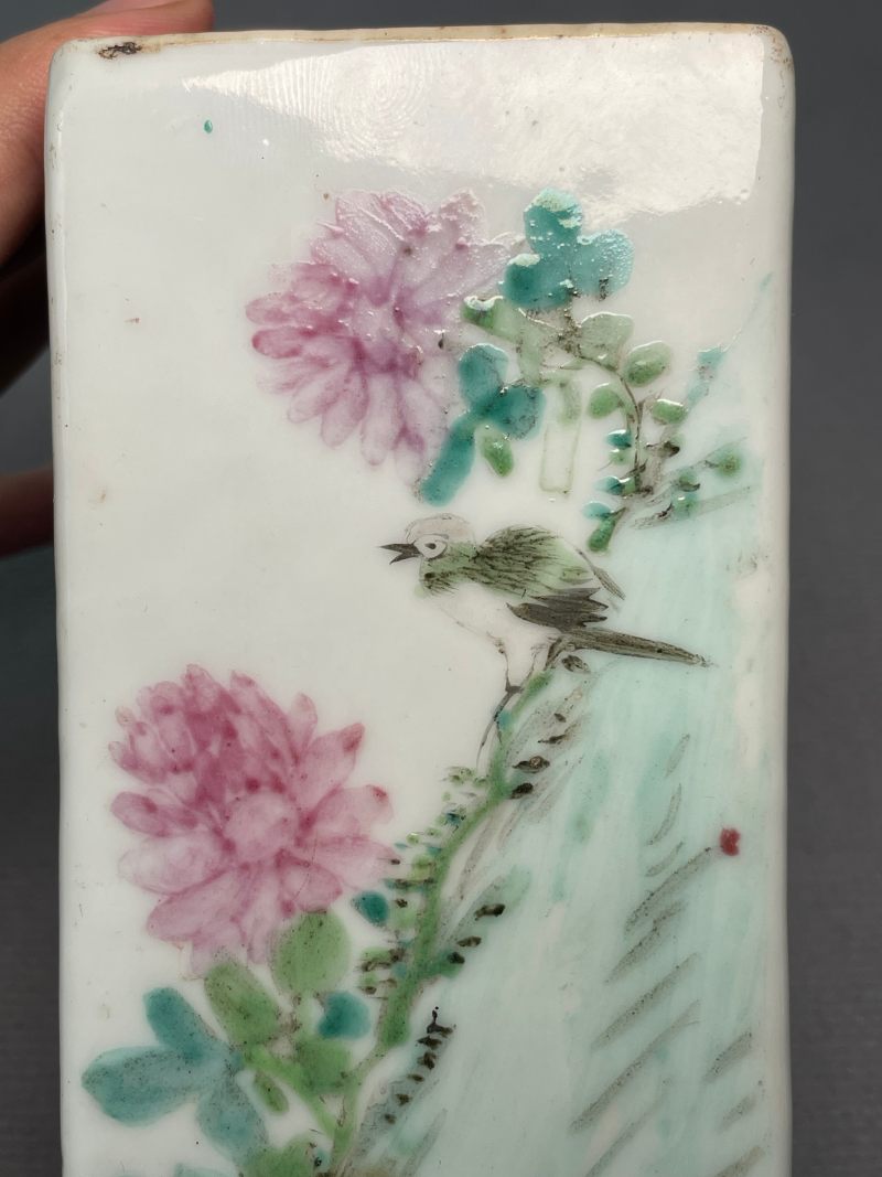 清光绪 浅降彩花鸟诗文四方笔筒 - 图8