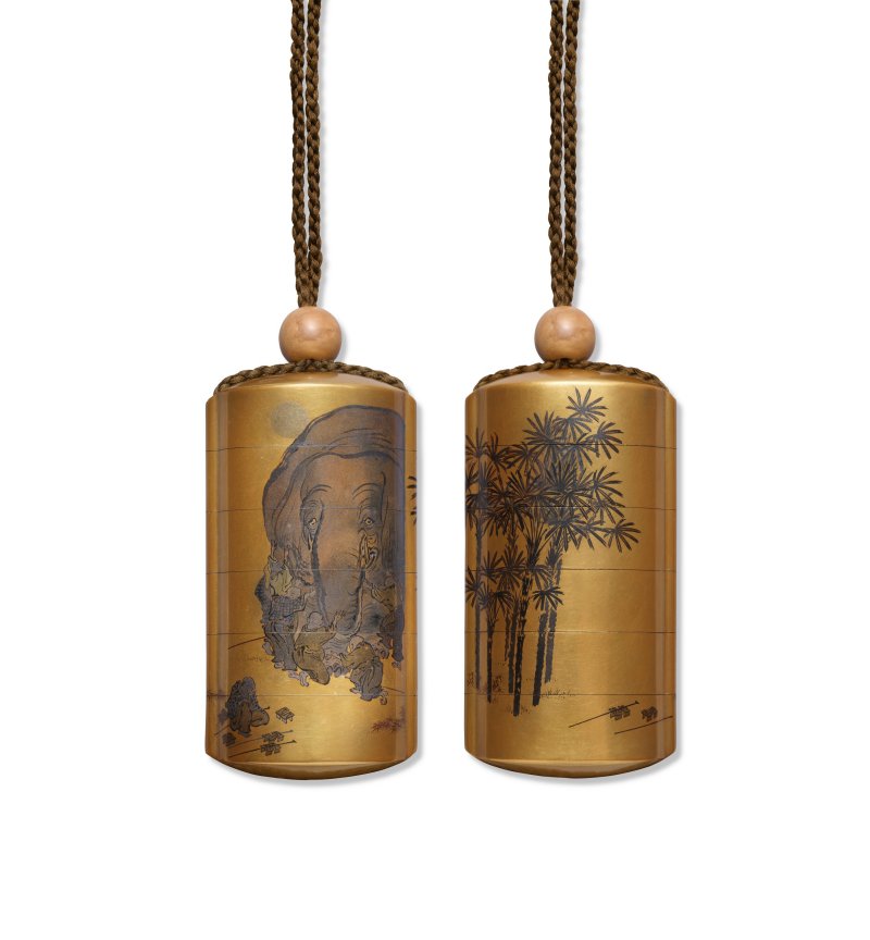 A GOLD LACQUER FIVE-CASE INRO  JAPAN, EDO PERIOD (18TH CENTURY), SIGNED KANSHOSAI WITH CURSIVE MONOGRAM (KAO) (KANSHOSAI TOYO LINEAGE)