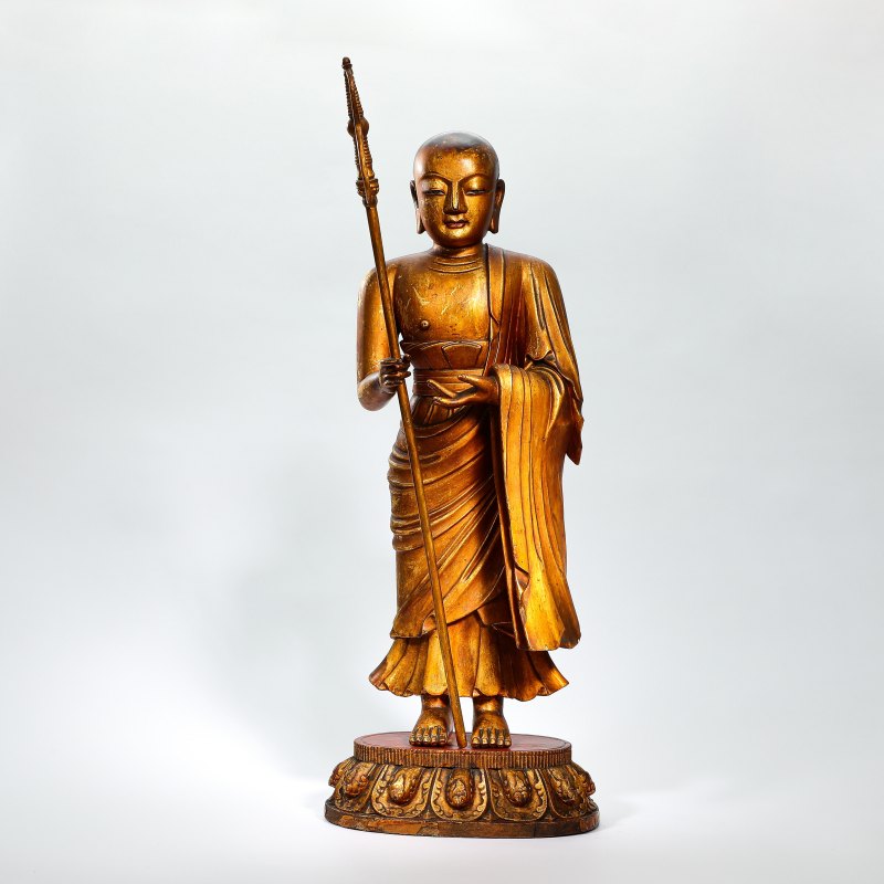清康熙 木胎漆金地藏王菩萨立像 - 图1