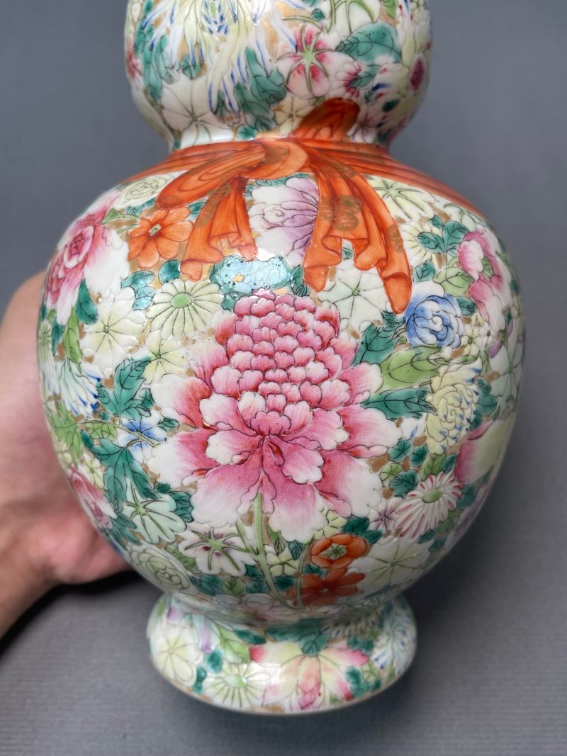 民国 粉彩百花不落地包袱葫芦瓶 - 图14