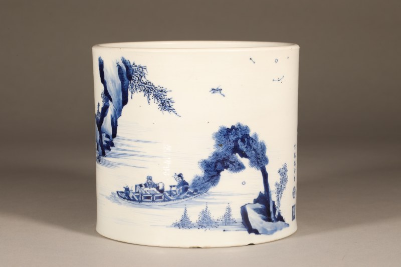 清康熙 青花山水人物《后赤壁赋》笔筒 - 图2