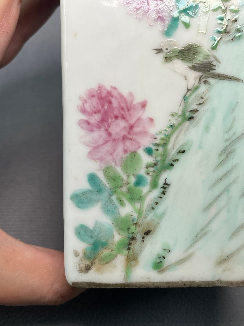 清光绪 浅降彩花鸟诗文四方笔筒 - 图9