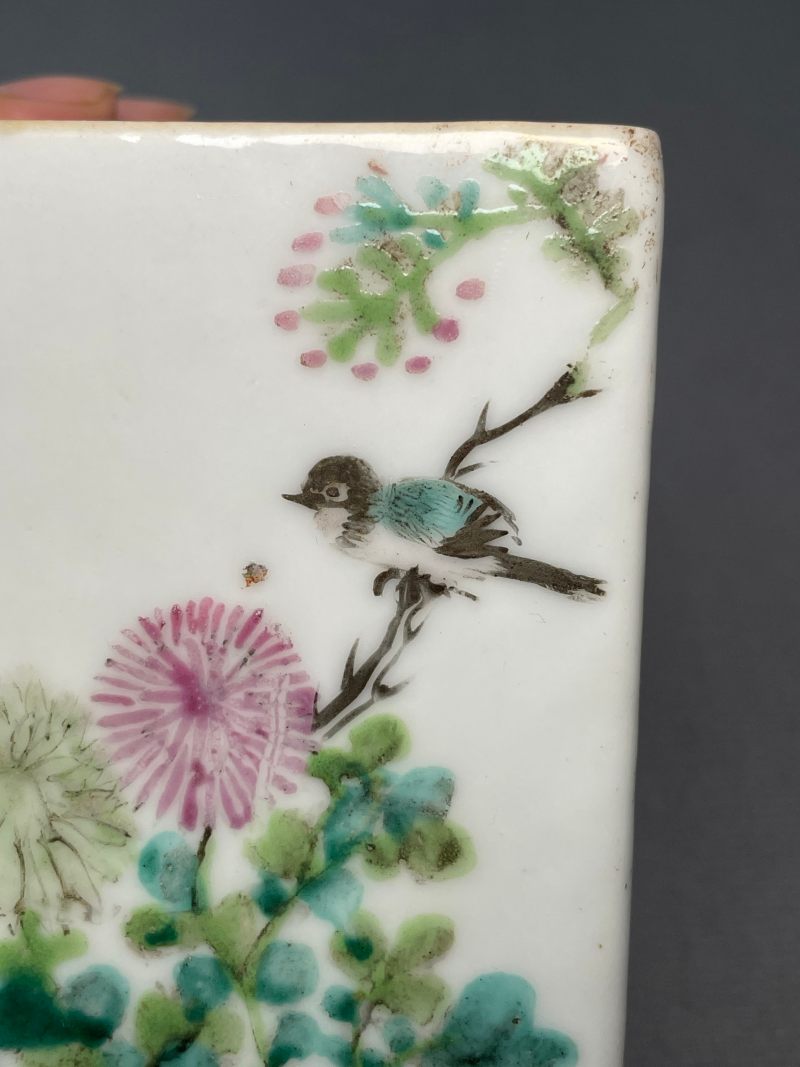 清光绪 浅降彩花鸟诗文四方笔筒 - 图10