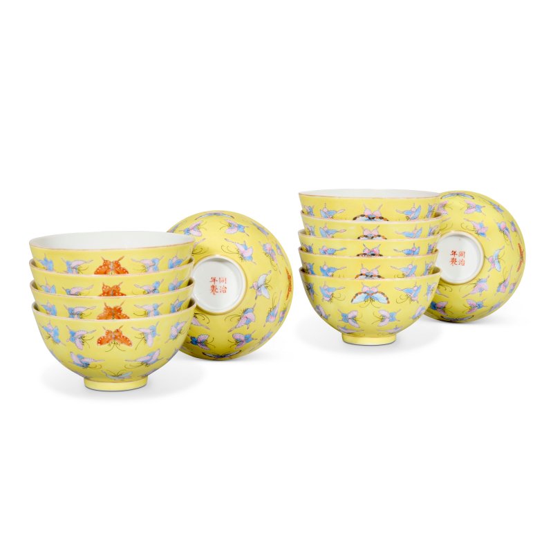 A GROUP OF ELEVEN YELLOW-GROUND FAMILLE ROSE 'BUTTERFLY' BOWLS  CHINA, REPUBLIC PERIOD (1912-1949)