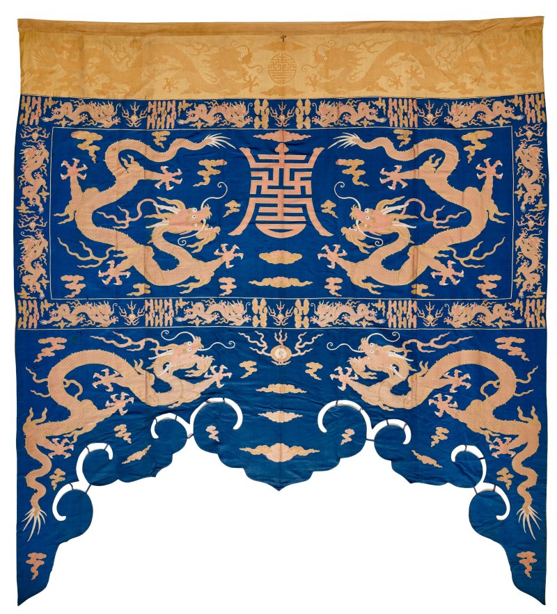 A MASSIVE WOVEN BLUE AND YELLOW SILK 'DRAGON' HANGING  CHINA, QING DYNASTY, 19TH CENTURY