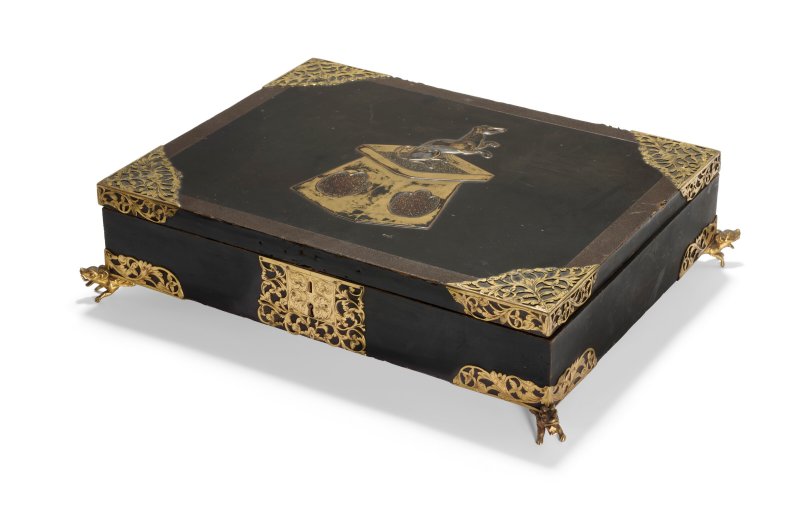 A LACQUERED-WOOD GILT-METAL MOUNTED DOCUMENT BOX  LACQUER: JAPAN, EDO PERIOD (17TH CENTURY), MOUNTS: NORTH EUROPE, 18TH-19TH CENTURY