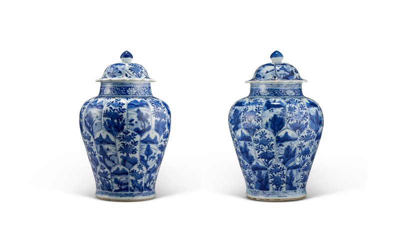 清康熙 青花模印山水花卉紋將軍蓋罐兩件  KANGXI PERIOD (1662-1722) - 图1