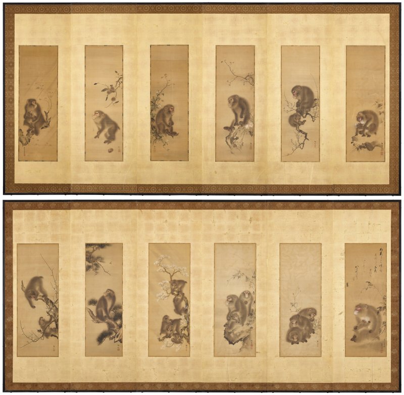 日本 十九世紀「猴嬉圖」六開畫屏一對  JAPAN, 19TH CENTURY - 图1