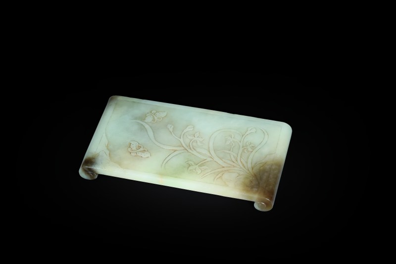 清 白玉雕兰草诗文墨床